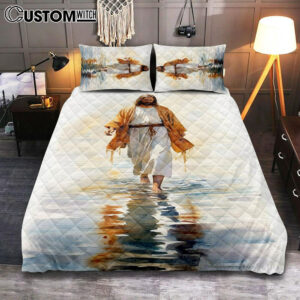 Jesus Walks On The Water Oil Painting Quilt Bedding Set Prints – Jesus Quilt Bedding Set Art – Christian Bedroom Decor