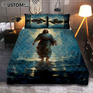 Jesus Walks On The Sea Quilt Bedding Set Prints – Jesus Quilt Bedding Set Art – Christian Bedroom Decor