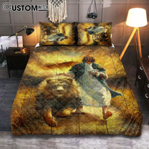 Jesus Walking With Lamb And Lion Quilt Bedding Set Art – Christian Art – Bible Verse Bedroom – Religious Home Decor
