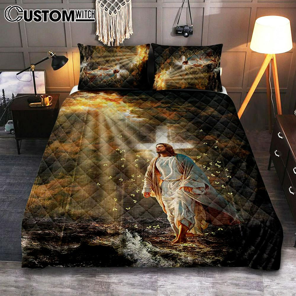 Jesus Walking On Water Yellow Butterfly Quilt Bedding Set Art – Christian Art – Bible Verse Bedroom – Religious Home Decor