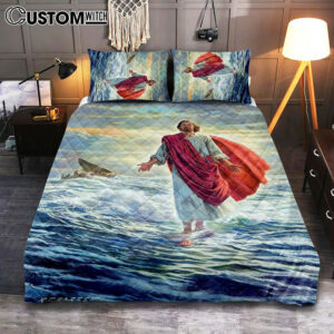 Jesus Walking On Water Quilt Bedding Set Prints – Religious Quilt Bedding Set Art – Christian Cover Twin Bedding Decor