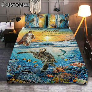 Jesus Walking On Water Quilt Bedding Set – For We Walk By Faith Ocean Turtle Bedroom Quilt Bedding Set – Jesus Portrait Quilt Bedding Set Prints – Christian Bedroom