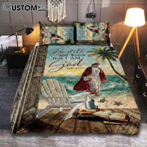 Jesus Walking On Water Quilt Bedding Set – Be Still And Know That I Am God Bedroom Quilt Bedding Set – Jesus Portrait Quilt Bedding Set Prints – Christian Bedroom