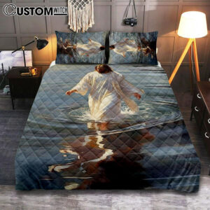Jesus Walking On The Water Quilt Bedding Set Prints – Jesus Quilt Bedding Set Art – Christian Bedroom Decor