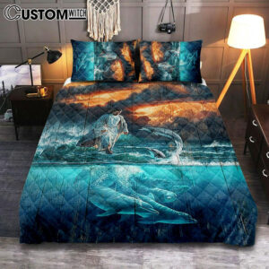 Jesus Walking On The Sea Dolphin Quilt Bedding Set Art – Christian Art – Bible Verse Bedroom – Religious Home Decor