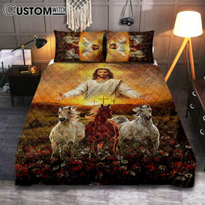 Jesus Three Wooden Crosses Gorgeous Horses Running At Sunrise Quilt Bedding Set Bedroom – Christian Cover Twin Bedding Quilt Bedding Set – Gift For Horse Lover