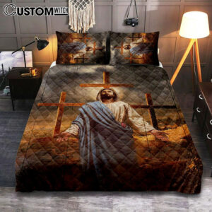 Jesus Three Old Rugged Cross Quilt Bedding Set Art – Christian Art – Bible Verse Bedroom – Religious Home Decor