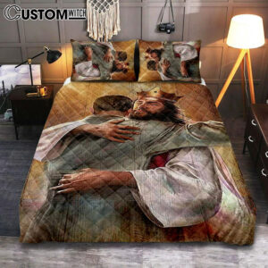Jesus The King Quilt Bedding Set – A Heartwarming Hug From Jesus Bedroom Quilt Bedding Set – Jesus Portrait Quilt Bedding Set Prints – Christian Bedroom