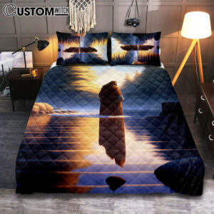 Jesus Standing On Water With Sun Shining Him Quilt Bedding Set Prints – Religious Quilt Bedding Set Art – Christian Cover Twin Bedding Decor