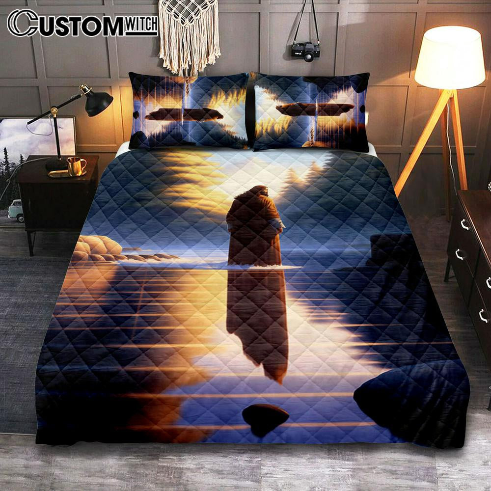 Jesus Standing On Water With Sun Shining Him Quilt Bedding Set Prints – Religious Quilt Bedding Set Art – Christian Cover Twin Bedding Decor Jesus Standing On Water With Sun Shining Him Quilt Bedding Set Prints – Religious Quilt Bedding Set Art – Christian Cover Twin Bedding Decor