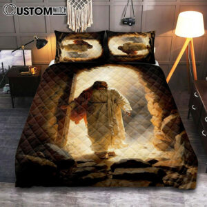 Jesus Rises From Cave Quilt Bedding Set Prints – Religious Quilt Bedding Set Art – Christian Cover Twin Bedding Decor