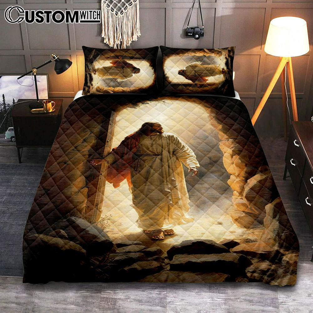 Jesus Rises From Cave Quilt Bedding Set Prints – Religious Quilt Bedding Set Art – Christian Cover Twin Bedding Decor