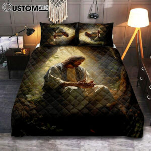 Jesus Praying In The Garden Quilt Bedding Set Prints – Jesus Quilt Bedding Set Art – Christian Bedroom Decor