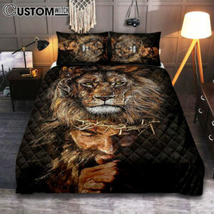 Jesus Pray Crown Of Thorn Lion Bedroom Quilt Bedding Set – Jesus Portrait Quilt Bedding Set Prints – Christian Bedroom