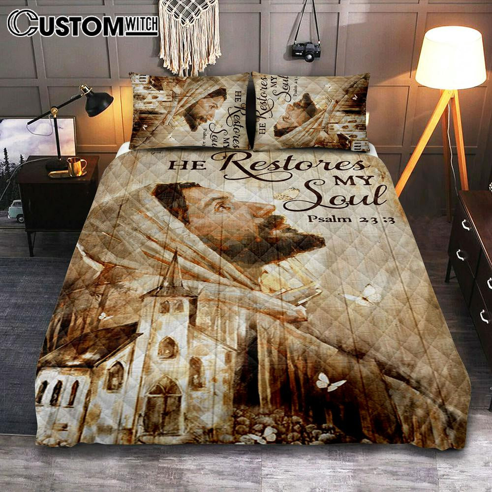 Jesus Portrait He Restores My Soul Quilt Bedding Set Prints – Jesus Christ Quilt Bedding Set Art – Christian Cover Twin Bedding Decor