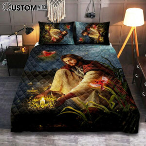 Jesus Painting Red Cardinal Advent Candles Bedroom Quilt Bedding Set – Jesus Portrait Quilt Bedding Set Prints – Christian Bedroom