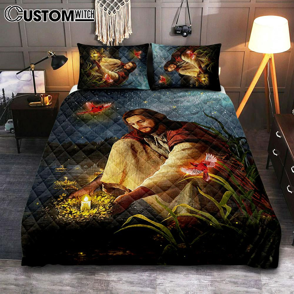 Jesus Painting Red Cardinal Advent Candles Bedroom Quilt Bedding Set – Jesus Portrait Quilt Bedding Set Prints – Christian Bedroom