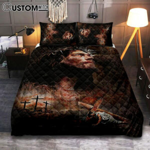 Jesus On The Cross Crown Of Thorn Quilt Bedding Set – Life Of Jesus Bedroom Quilt Bedding Set – Jesus Portrait Quilt Bedding Set Prints – Christian Bedroom