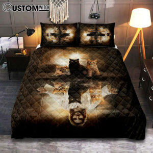 Jesus Lovely Cat Light Cross Bedroom Quilt Bedding Set – Jesus Portrait Quilt Bedding Set Prints – Christian Bedroom