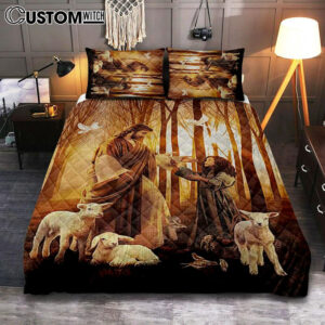 Jesus Little Girl Lamb Of God White Dove Bedroom Quilt Bedding Set – Jesus Portrait Quilt Bedding Set Prints – Christian Bedroom