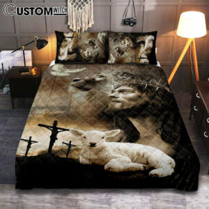 Jesus Lion Sheep Cross Dove Quilt Bedding Set Prints – Jesus Christ Quilt Bedding Set Art – Christian Cover Twin Bedding Decor