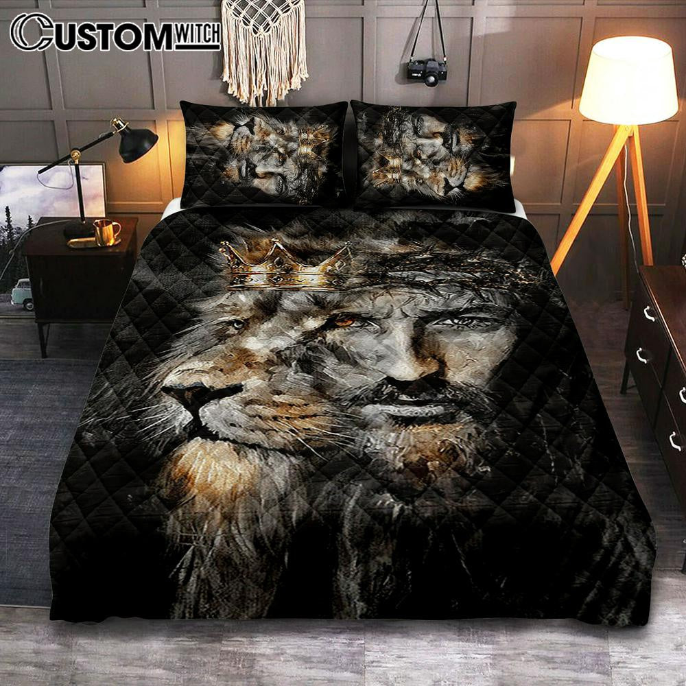 Jesus Lion Of Judah Crown Of Thorn Quilt Bedding Set Bedroom – Christian Quilt Bedding Set Prints – Bible Verse Quilt Bedding Set Art
