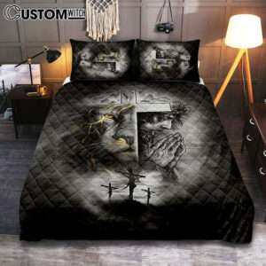 Jesus Lion Of Judah Cross Bedroom Quilt Bedding Set – Jesus Portrait Quilt Bedding Set Prints – Christian Bedroom