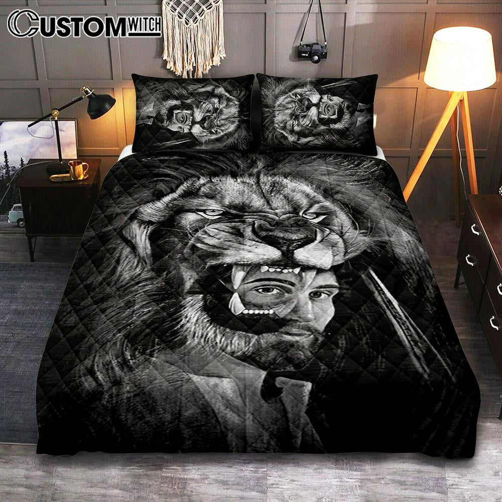 Jesus Lion Of Judah Black And White Bedroom Quilt Bedding Set – Jesus Portrait Quilt Bedding Set Prints – Christian Bedroom