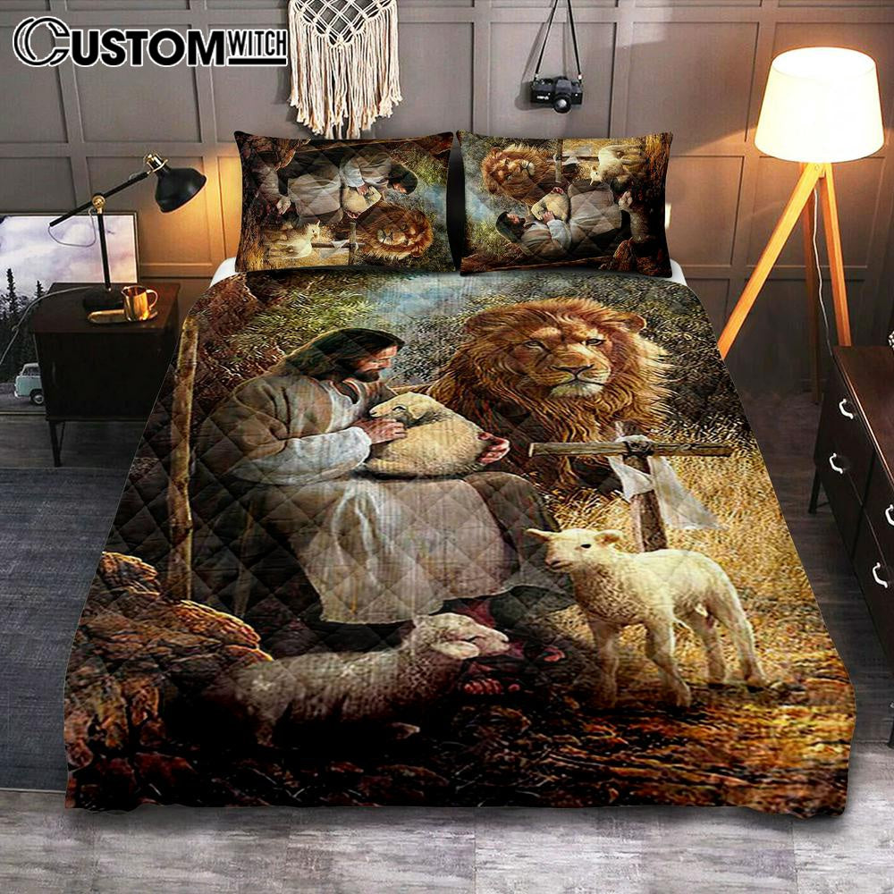 Jesus Lion Of Judah And The Lambs Quilt Bedding Set Bedroom – Bible Verse Quilt Bedding Set Art – Christian Home Decor