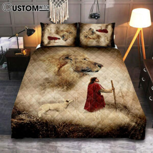 Jesus Lion King And Lamb Bedroom Quilt Bedding Set – Jesus Portrait Quilt Bedding Set Prints – Christian Bedroom