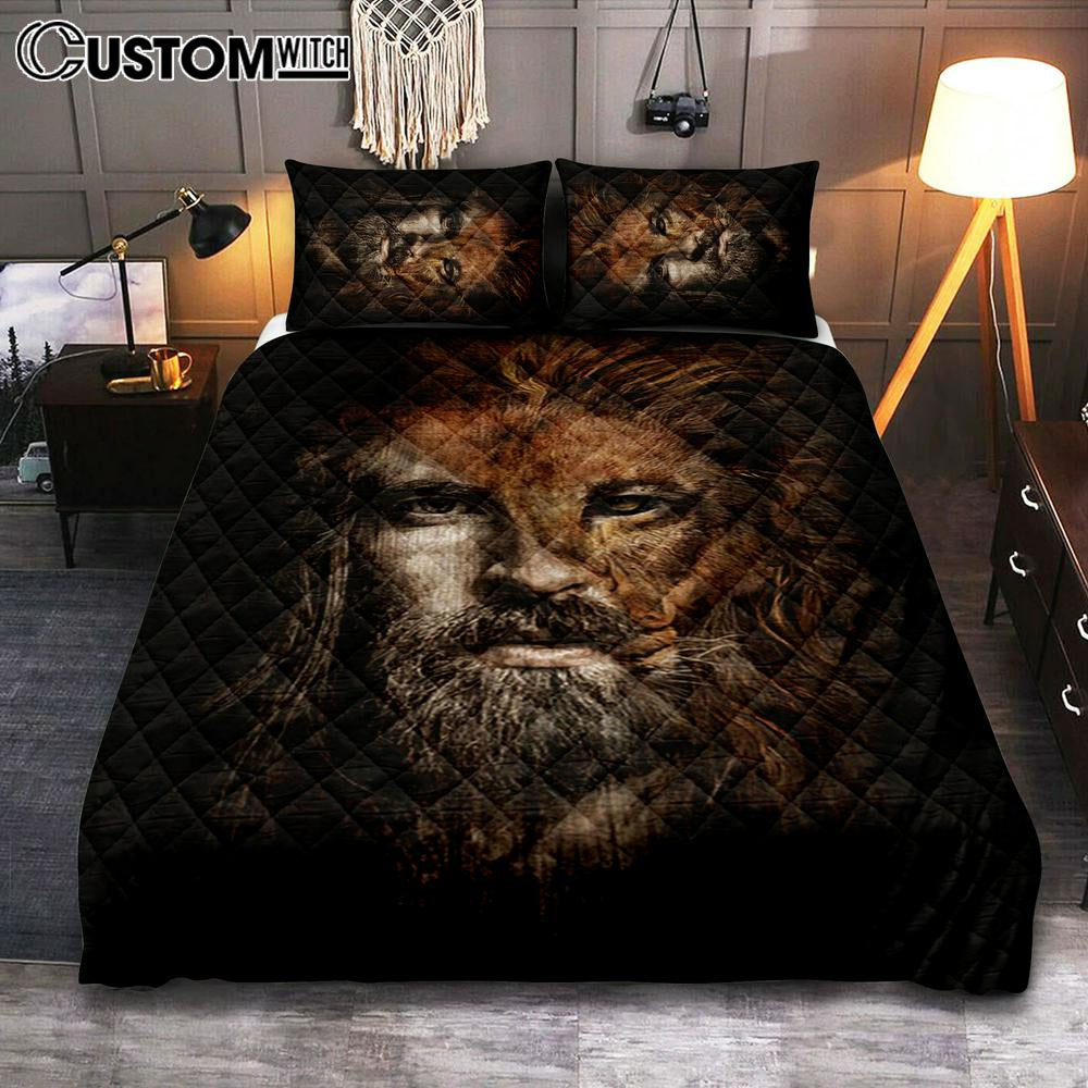 Jesus Lion Head Bedroom Quilt Bedding Set – Jesus Portrait Quilt Bedding Set Prints – Christian Bedroom