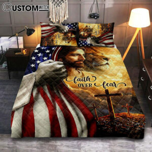 Jesus Lion Faith Over Fear Quilt Bedding Set Bedroom – Christian Quilt Bedding Set Prints – Bible Verse Quilt Bedding Set Art