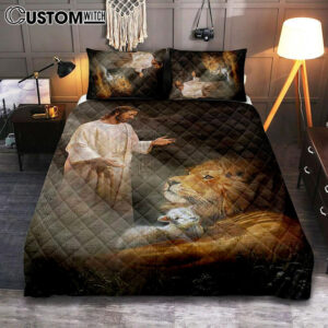 Jesus Lion And The Lambs Quilt Bedding Set Bedroom – Bible Verse Quilt Bedding Set Art – Christian Home Decor