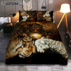Jesus Lion And Lamb Cross Bedroom Quilt Bedding Set – Jesus Portrait Quilt Bedding Set Prints – Christian Bedroom