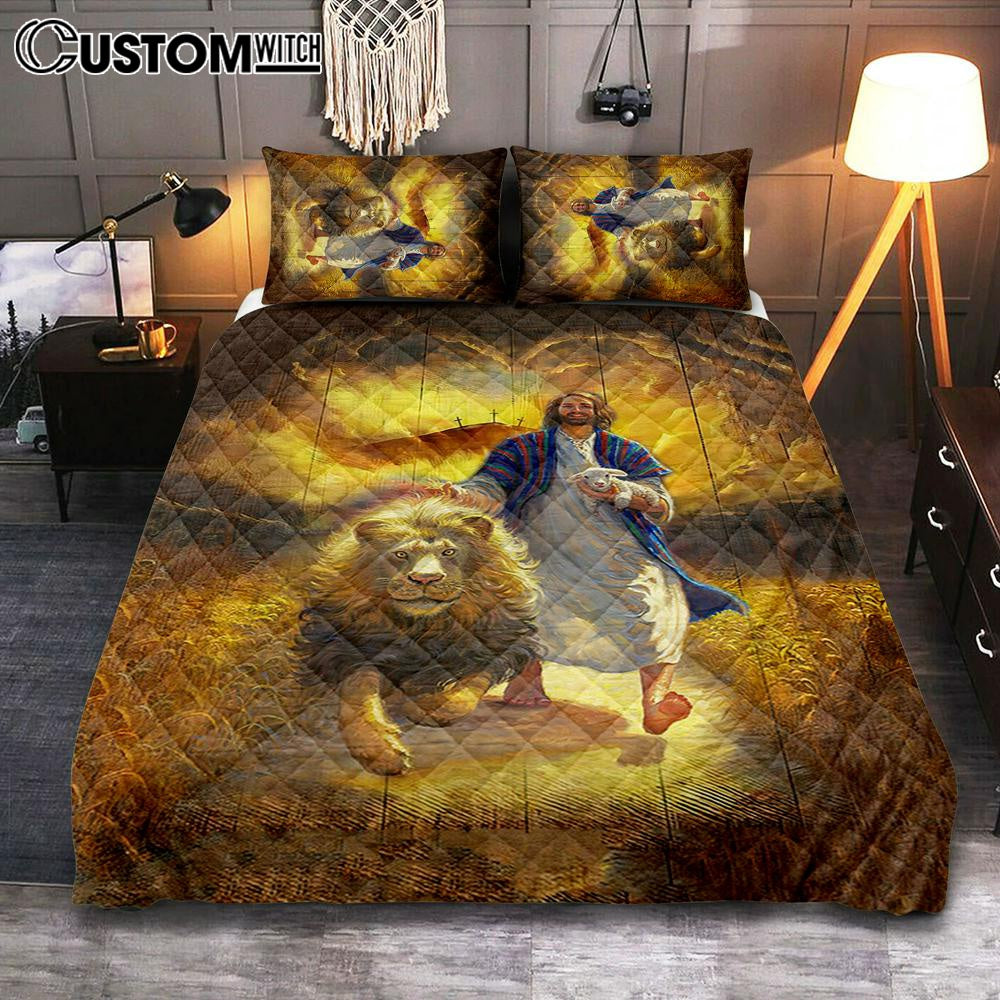 Jesus Lion & Lamb Quilt Bedding Set Bedroom – Christian Cover Twin Bedding Quilt Bedding Set – Religious Quilt Bedding Set Prints
