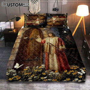 Jesus Knocks The Door Daisy Garden White Butterfly Quilt Bedding Set Prints – Jesus Christ Quilt Bedding Set Art – Christian Cover Twin Bedding Decor