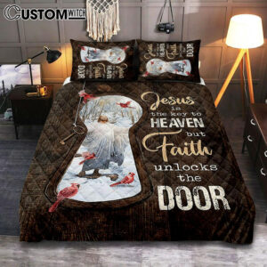 Jesus Is The Key To Heaven Quilt Bedding Set – Jesus Christ Northern Cardinal Quilt Bedding Set – Christian Bedroom – Religious Home Decor