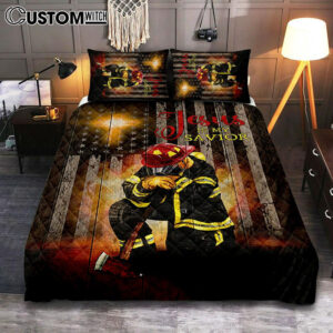 Jesus Is My Savior Firefighter Fireman Bedroom Quilt Bedding Set – Jesus Portrait Quilt Bedding Set Prints – Christian Bedroom