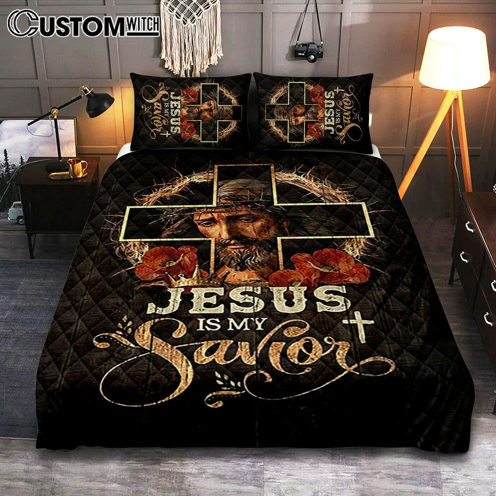 Jesus Is My Savior Crown Of Thorns Red Flowers Quilt Bedding Set Art – Christian Art – Bible Verse Bedroom – Religious Home Decor