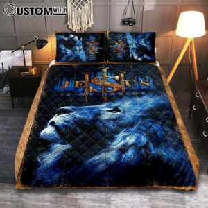 Jesus Is My Savior Blue Lion Quilt Bedding Set Art – Christian Art – Bible Verse Bedroom – Religious Home Decor