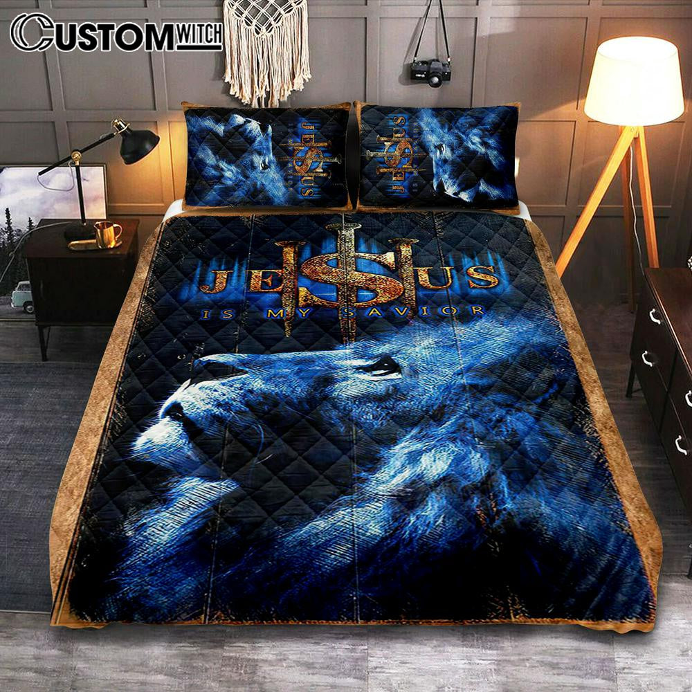 Jesus Is My Savior Blue Lion Quilt Bedding Set Art – Christian Art – Bible Verse Bedroom – Religious Home Decor