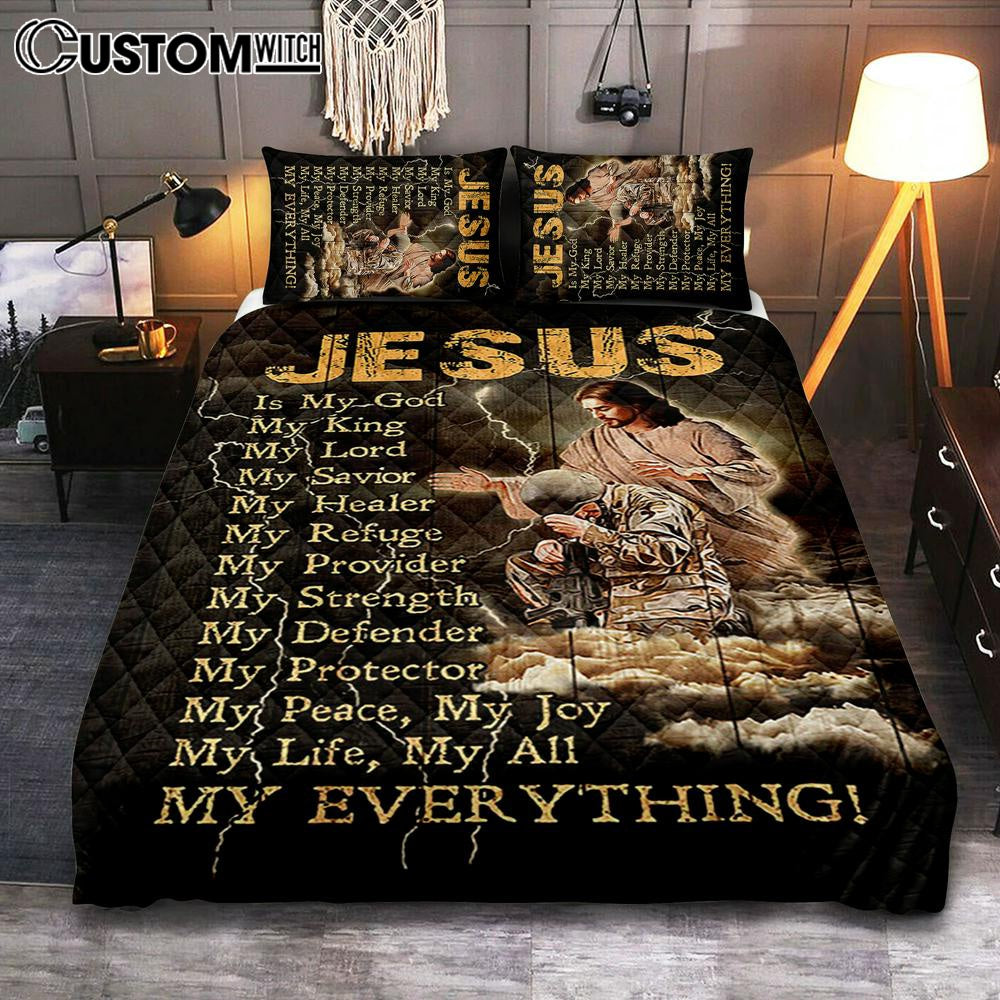 Jesus Is My God Soldier Thunder Bedroom Quilt Bedding Set – Jesus Portrait Quilt Bedding Set Prints – Christian Bedroom