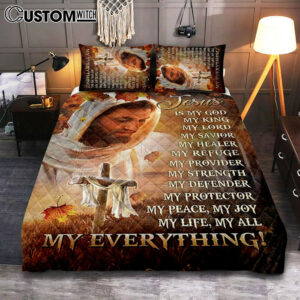 Jesus Is My God My King My Everything Quilt Bedding Set – Autumn Season Wooden Cross Quilt Bedding Set Bedroom – Christian Quilt Bedding Set Prints