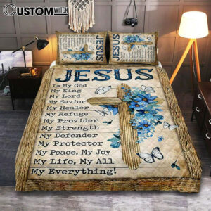 Jesus Is My God My King Blue Flower Wooden Cross White Butterfly Quilt Bedding Set Bedroom – Bible Verse Quilt Bedding Set Art – Christian Home Decor
