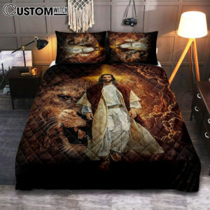 Jesus Is King Lion Of Judah Bedroom Quilt Bedding Set – Jesus Portrait Quilt Bedding Set Prints – Christian Bedroom
