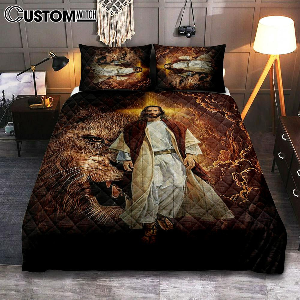Jesus Is King Lion Of Judah Bedroom Quilt Bedding Set – Jesus Portrait Quilt Bedding Set Prints – Christian Bedroom