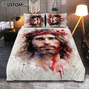 Jesus In Crown Of Thorns Watercolor Quilt Bedding Set Prints – Jesus Quilt Bedding Set Art – Christian Bedroom Decor