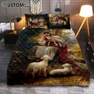 Jesus Hugs Lamb Of God Quilt Bedding Set Bedroom – Bible Verse Quilt Bedding Set Art – Christian Home Decor