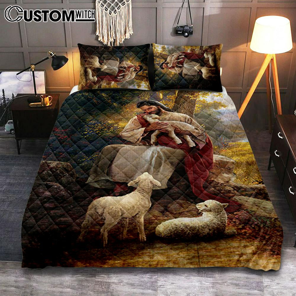 Jesus Hugs Lamb Of God Quilt Bedding Set Bedroom – Bible Verse Quilt Bedding Set Art – Christian Home Decor