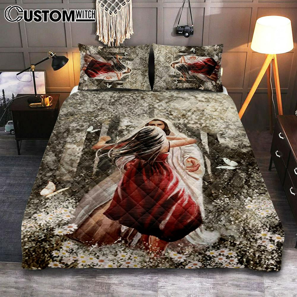 Jesus Hugging Girl Quilt Bedding Set Prints – Jesus Christ Quilt Bedding Set Art – Christian Cover Twin Bedding Decor